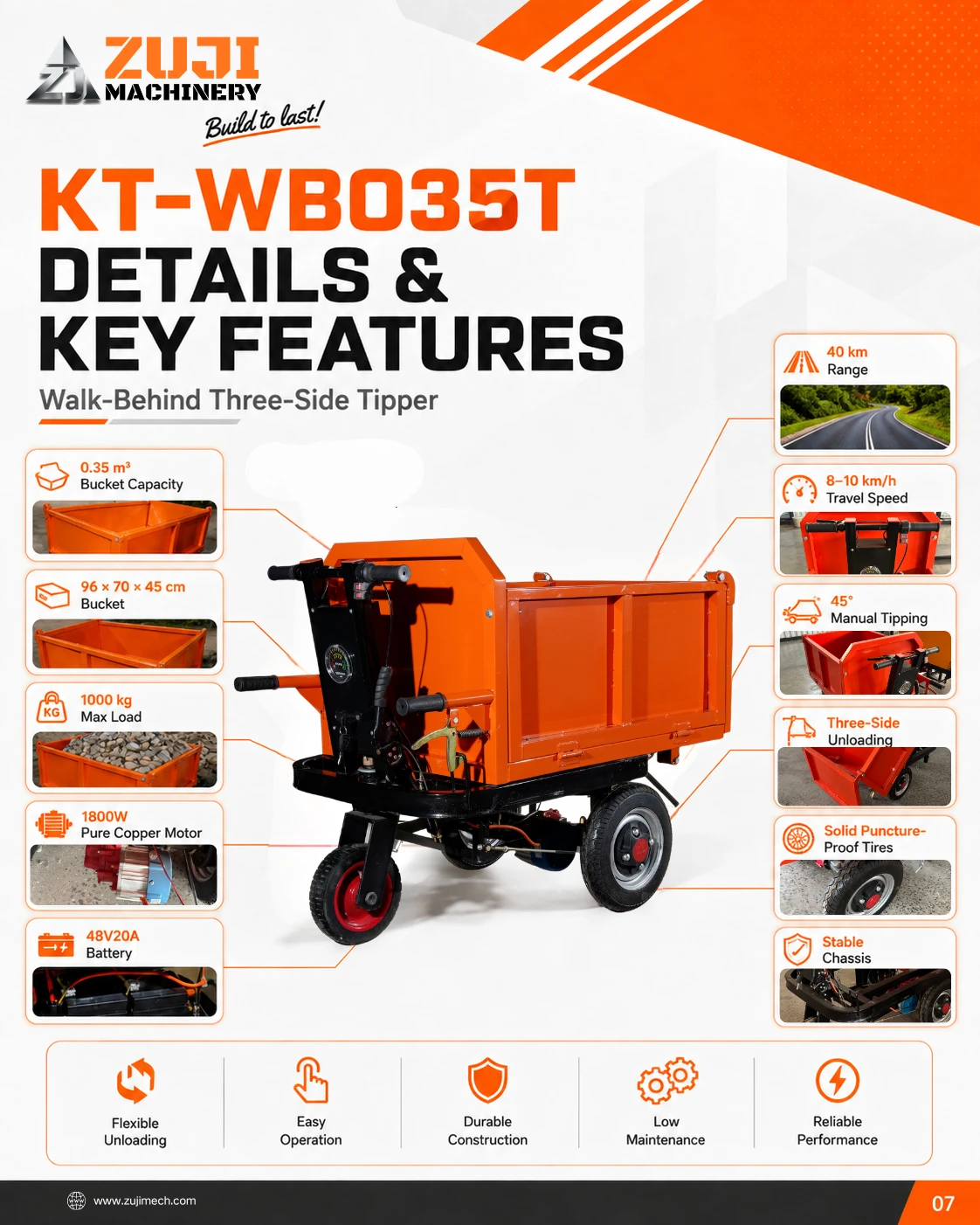 Walk Behind Three Side Tipper Electric Wheelbarrow — Explore the details 5