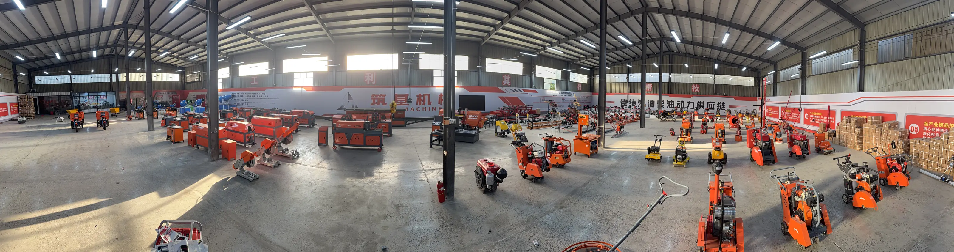 ZUJI Machinery showroom with rebar processing, compaction, road cutting and concrete equipment